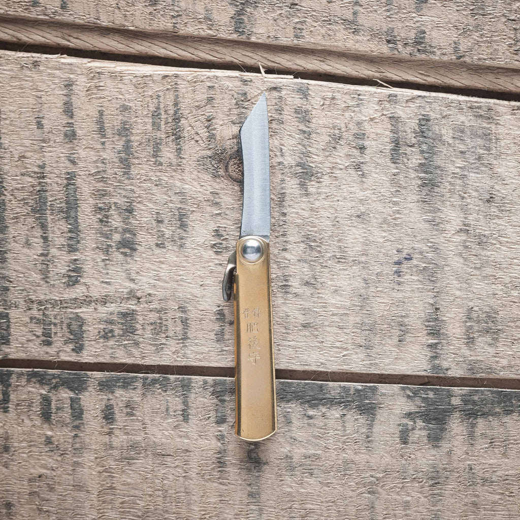 Higonokami Blue Steel Folding Knife Mini Brass Handle | Tosho Knife Arts